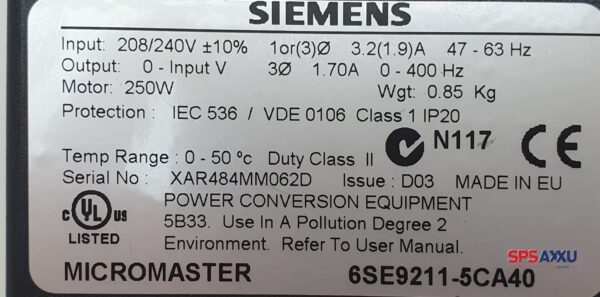 SIEMENS MICROMASTER 6SE9211-5CA40  6SE9 211-5CA40 Frequenzumrichter – Bild 5