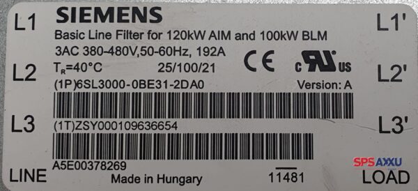 SIEMENS Basic Line Filter 120kW,  6SL3000-0BE31-2DA0   6SL3 000-0BE31-2DA0 – Bild 3