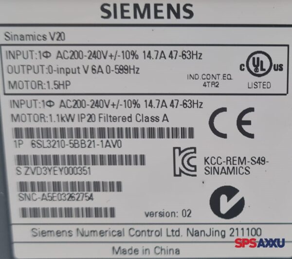 Siemens Sinamics V20 Frequenzumrichter 6SL3210-5BB21-1AV0  1100 Watt = 1,1 kW – Bild 5