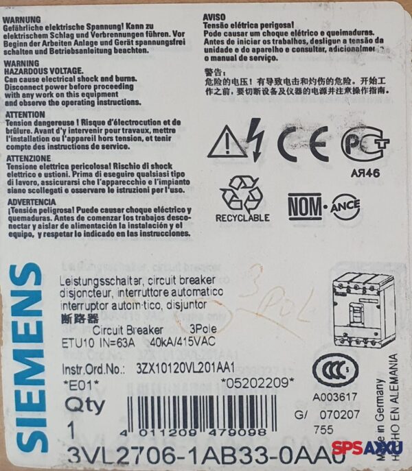 SIEMENS  Leistungsschalter  3VL2706-1AB33-0AA0  3VL2 706-1AB33-0AA0 E01 – Bild 3
