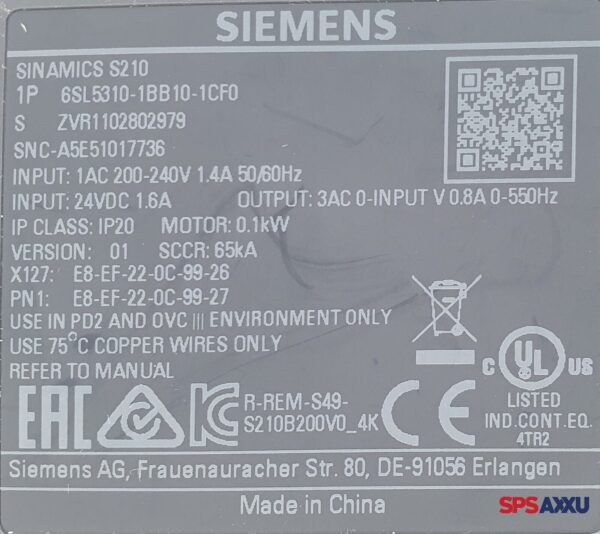 SIEMENS Sinamics  S210 6SL5310-1BB10-1CF0  6SL5 310-1BB10-1CF0  0,1kW  V:1 – Bild 5